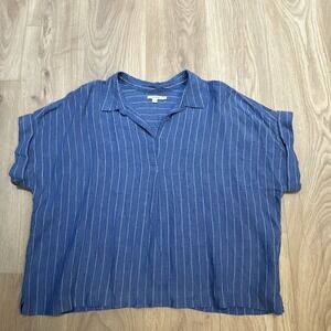 Chicos Tunic Blouse Top 100% Linen Blue Stripe  Sz 3.5 US 18. Coastal Nautical